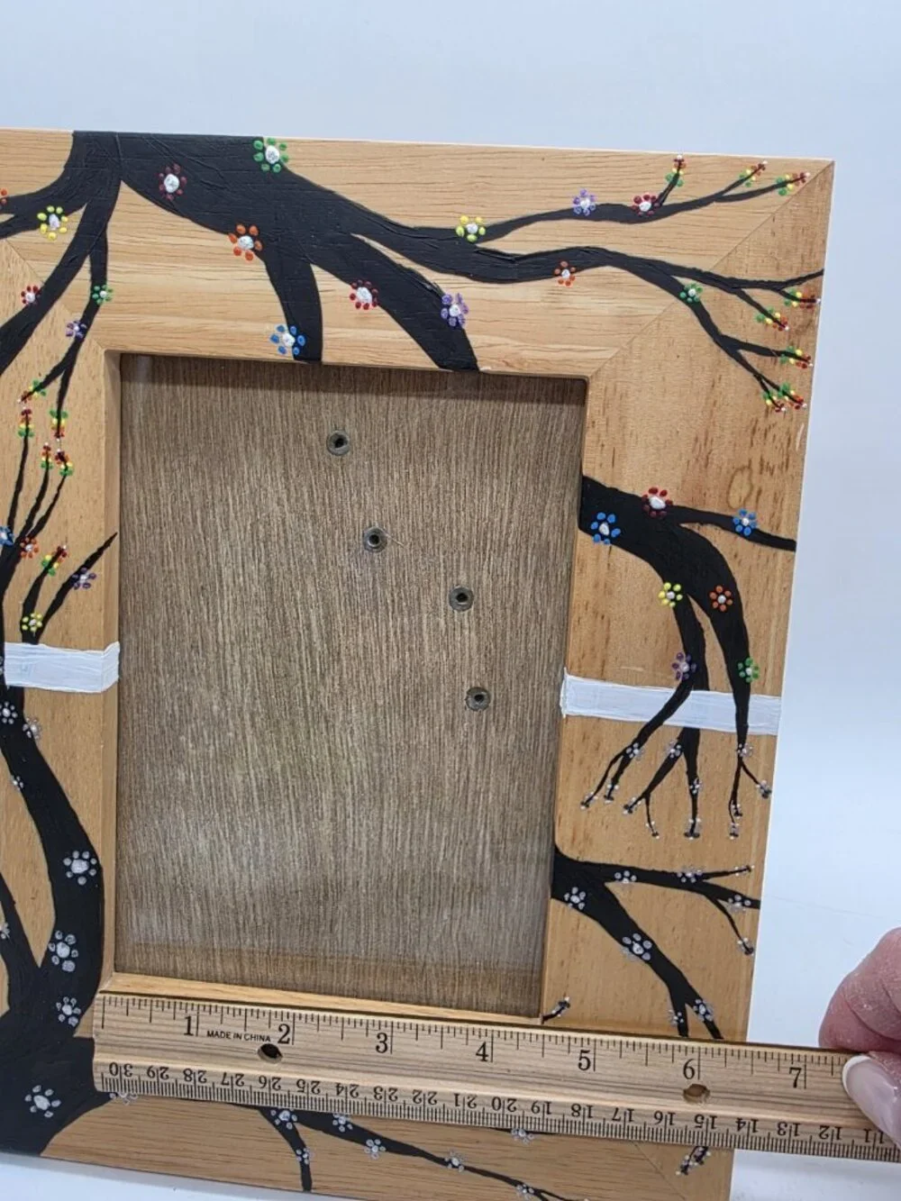 Pottery Barn Oak Picture Frame With Handpainted Black Flowering Tree Boho OOAK